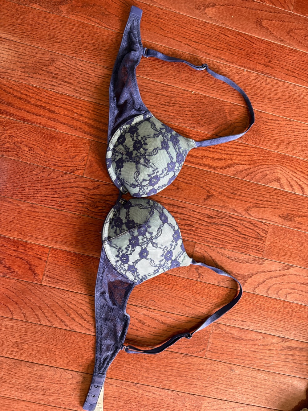 Victoria's Secret Navy Lace Overlay Bra on Light Blue Base